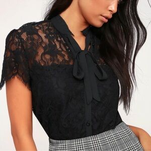 Lulus Sheer Sense of Style Black Lace Short Sleeve Button-Up Top